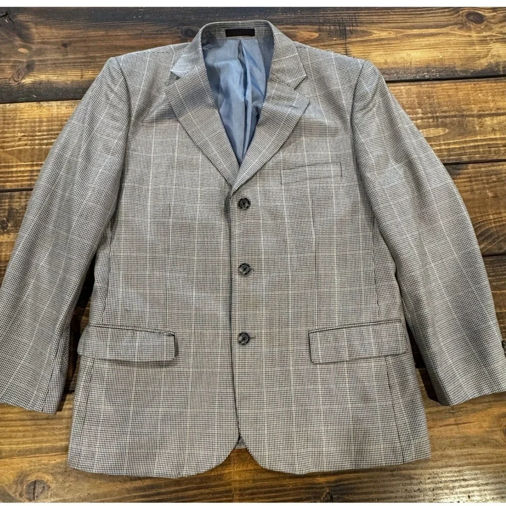 Alan Flusser Blazer Gray Glen Check Silk Wool 3-Button Sport Coat 44R